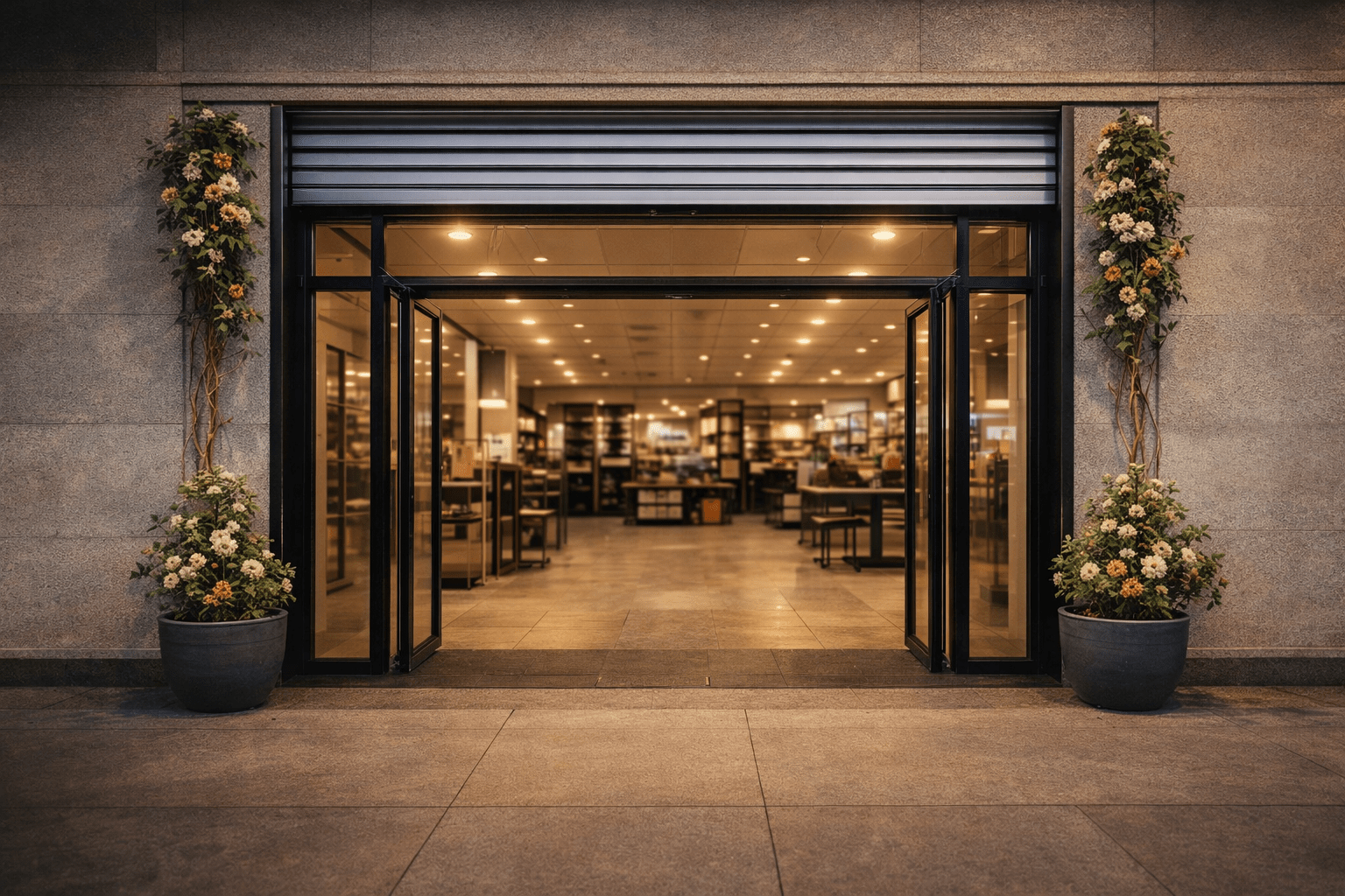 Open storefront with glass entrance