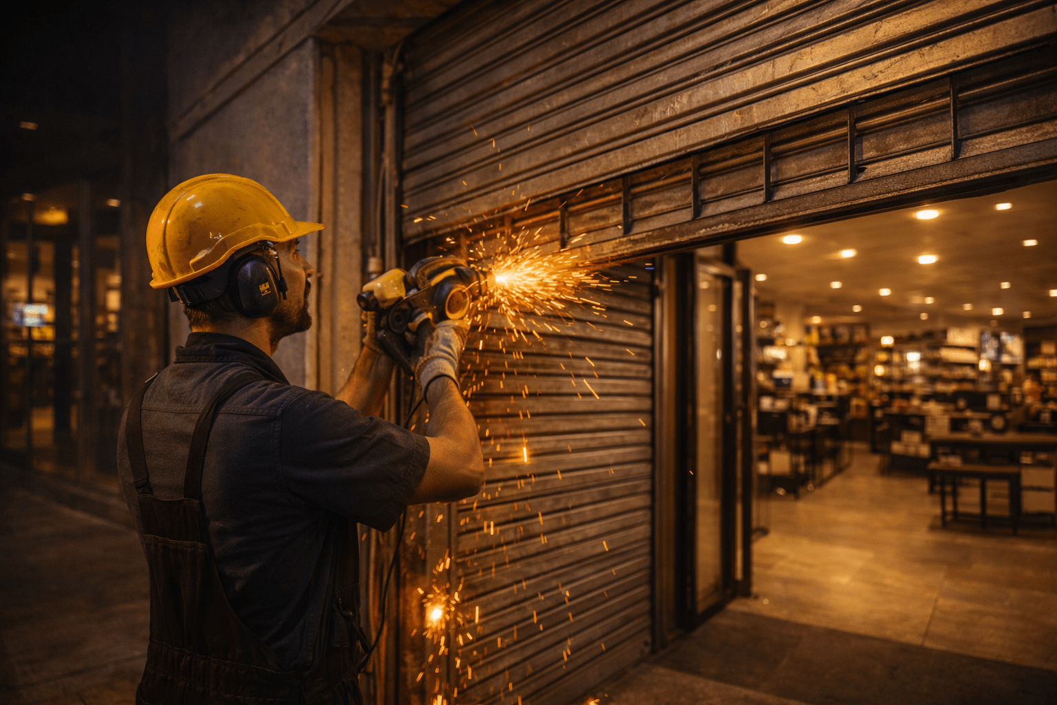 Technician welding shutter door