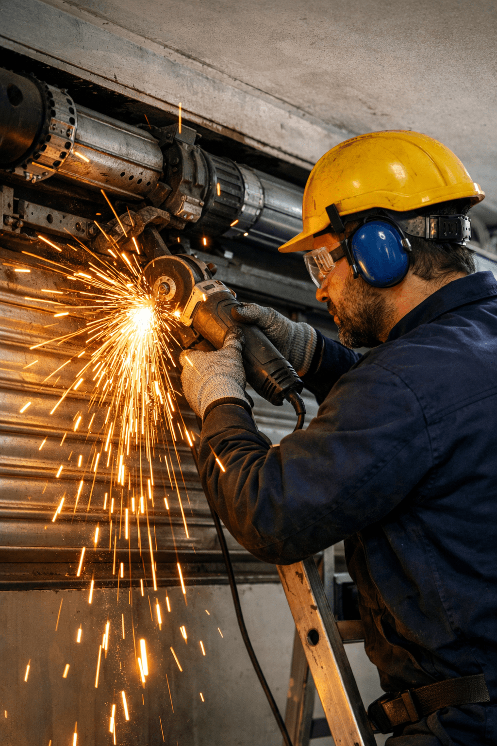 Technician cutting metal with sparks
